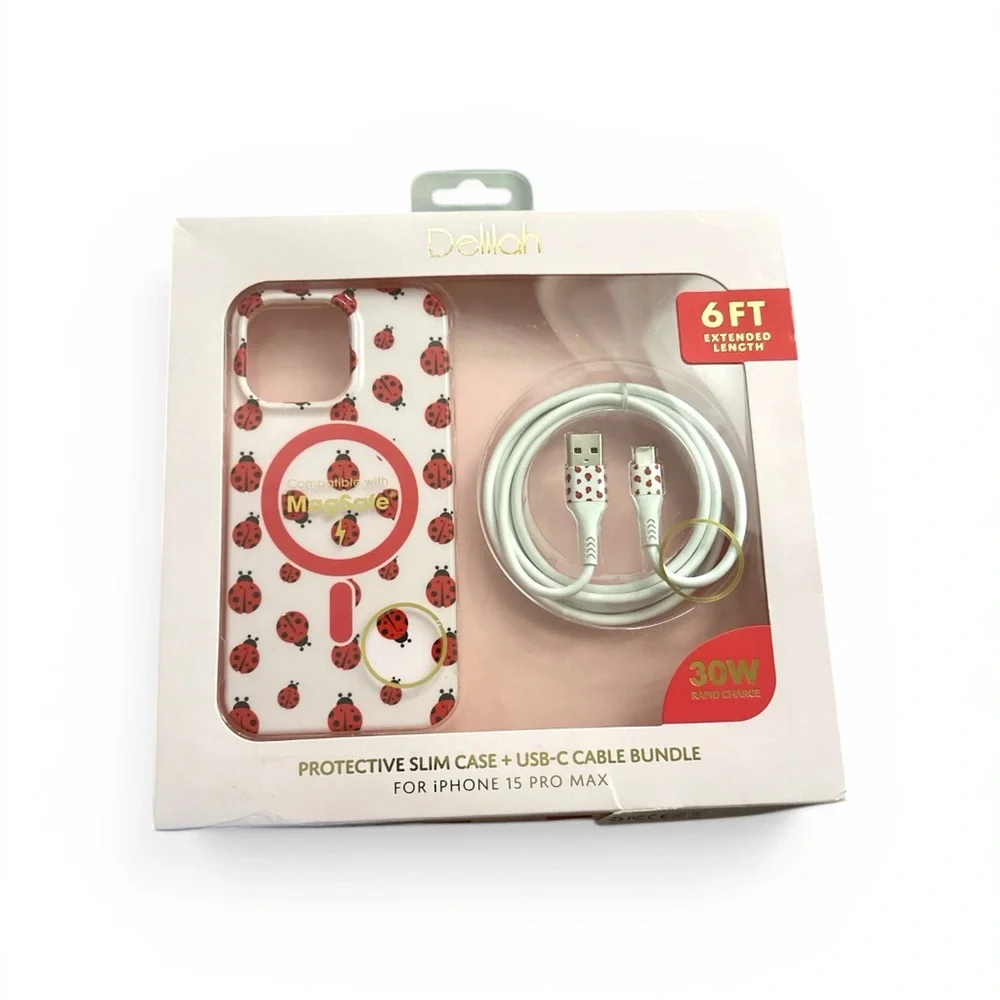 Elila Pink Ladybug iPhone Case and White USB-C Cable Bundle